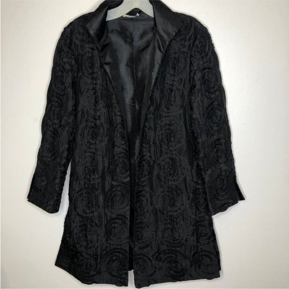 Grace Chuang Women Black Textured Swirl Jacket L Open Front Evening Blazer Coat